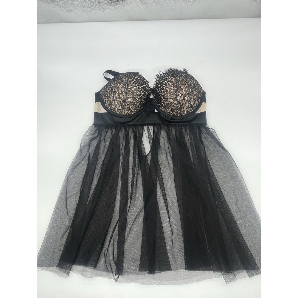 Victoria's Secret Babydoll Bra Womens 34D Black Lace Sheer Lingerie Nightie Sexy